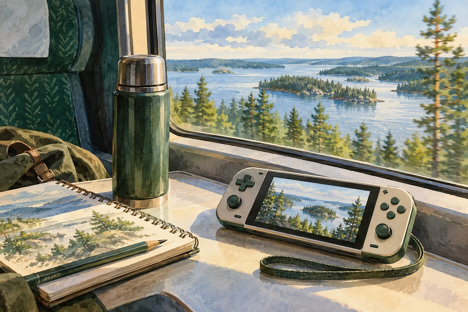 Kuvitus käsikonsolista junan pöydällä järvimaiseman edessä