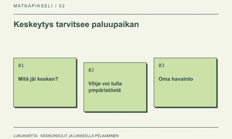 Lukukartta: Keskeytys tarvitsee paluupaikan. Mitä jäi kesken?, Vihje voi tulla ympäristöstä, Oma havainto.