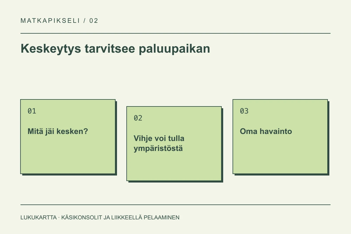 Lukukartta: Keskeytys tarvitsee paluupaikan. Mitä jäi kesken?, Vihje voi tulla ympäristöstä, Oma havainto.