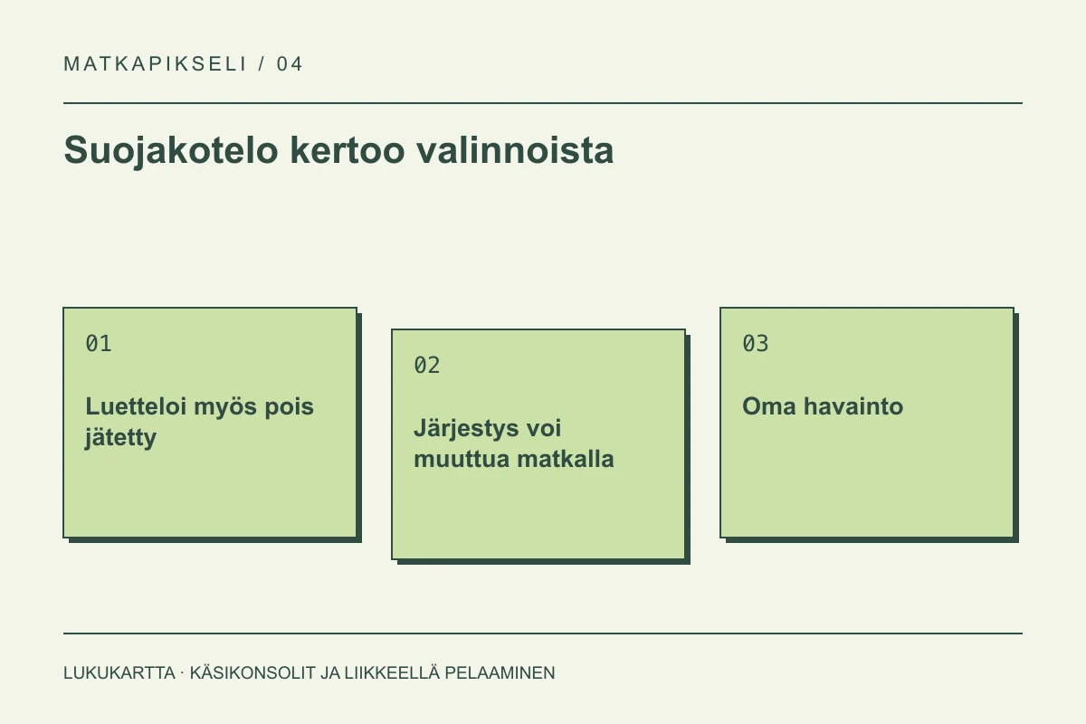 Lukukartta: Suojakotelo kertoo valinnoista. Luetteloi myös pois jätetty, Järjestys voi muuttua matkalla, Oma havainto.