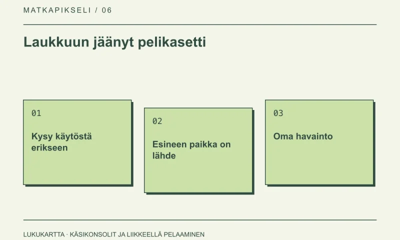 Lukukartta: Laukkuun jäänyt pelikasetti. Kysy käytöstä erikseen, Esineen paikka on lähde, Oma havainto.