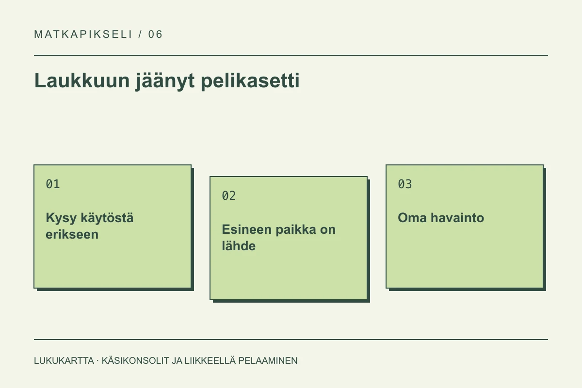Lukukartta: Laukkuun jäänyt pelikasetti. Kysy käytöstä erikseen, Esineen paikka on lähde, Oma havainto.