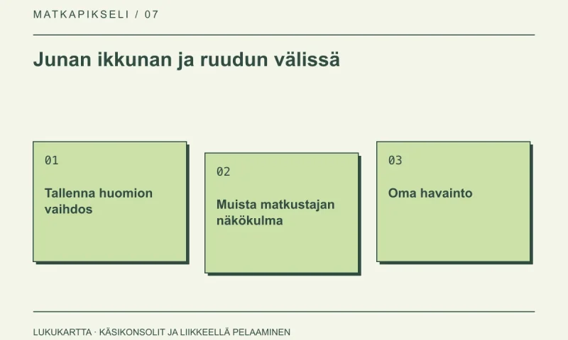 Lukukartta: Junan ikkunan ja ruudun välissä. Tallenna huomion vaihdos, Muista matkustajan näkökulma, Oma havainto.