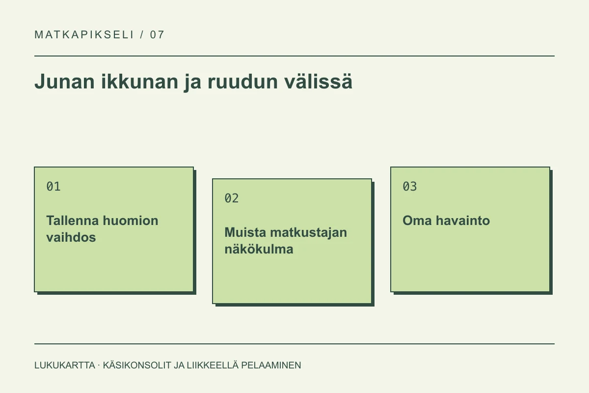 Lukukartta: Junan ikkunan ja ruudun välissä. Tallenna huomion vaihdos, Muista matkustajan näkökulma, Oma havainto.