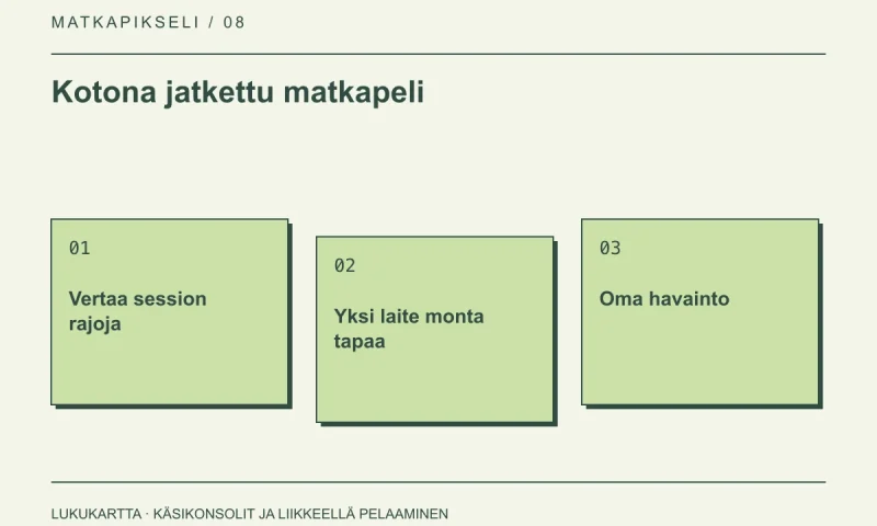 Lukukartta: Kotona jatkettu matkapeli. Vertaa session rajoja, Yksi laite monta tapaa, Oma havainto.